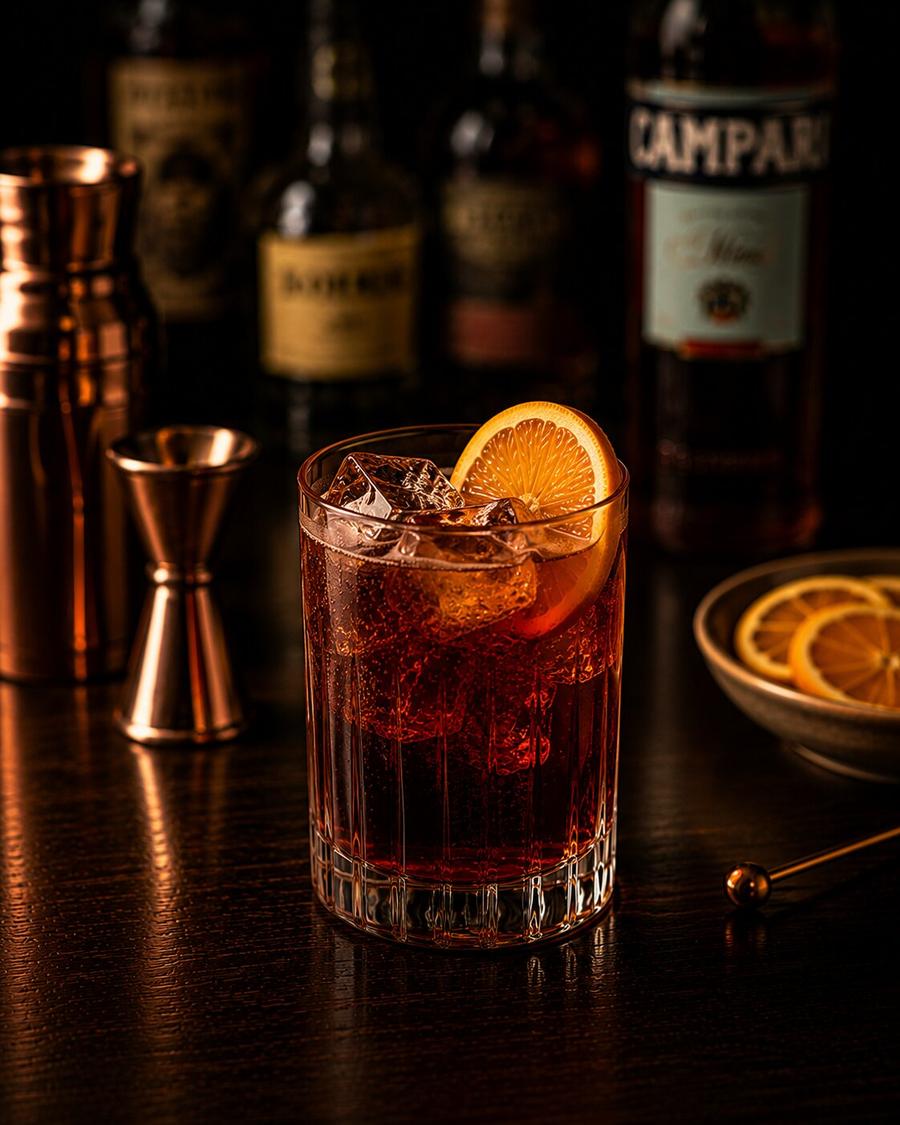 Americano drink in rocks glass instead of highball glass with orange wedge