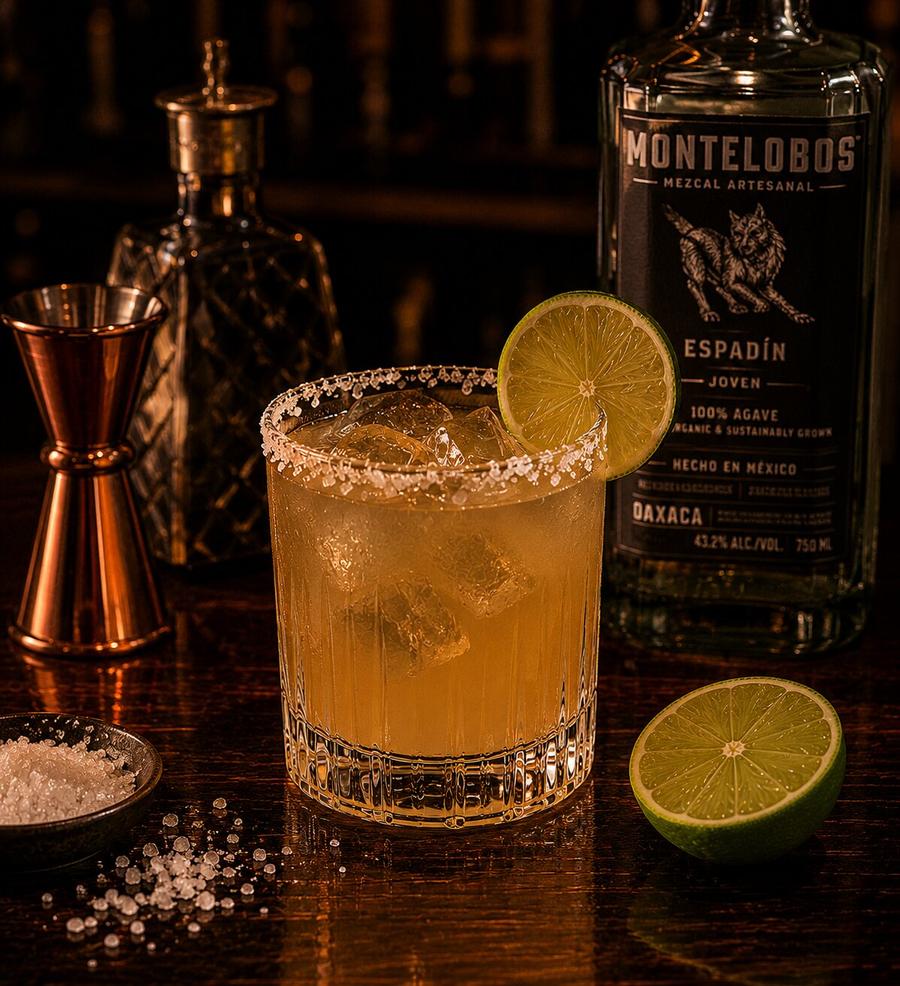 Mezcal Margarita in rocks glass with sugar rim and lime slice wedge