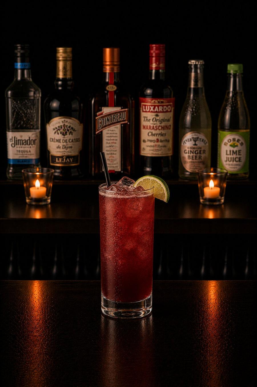 El Diablo drink in highball glass with lemon wedge