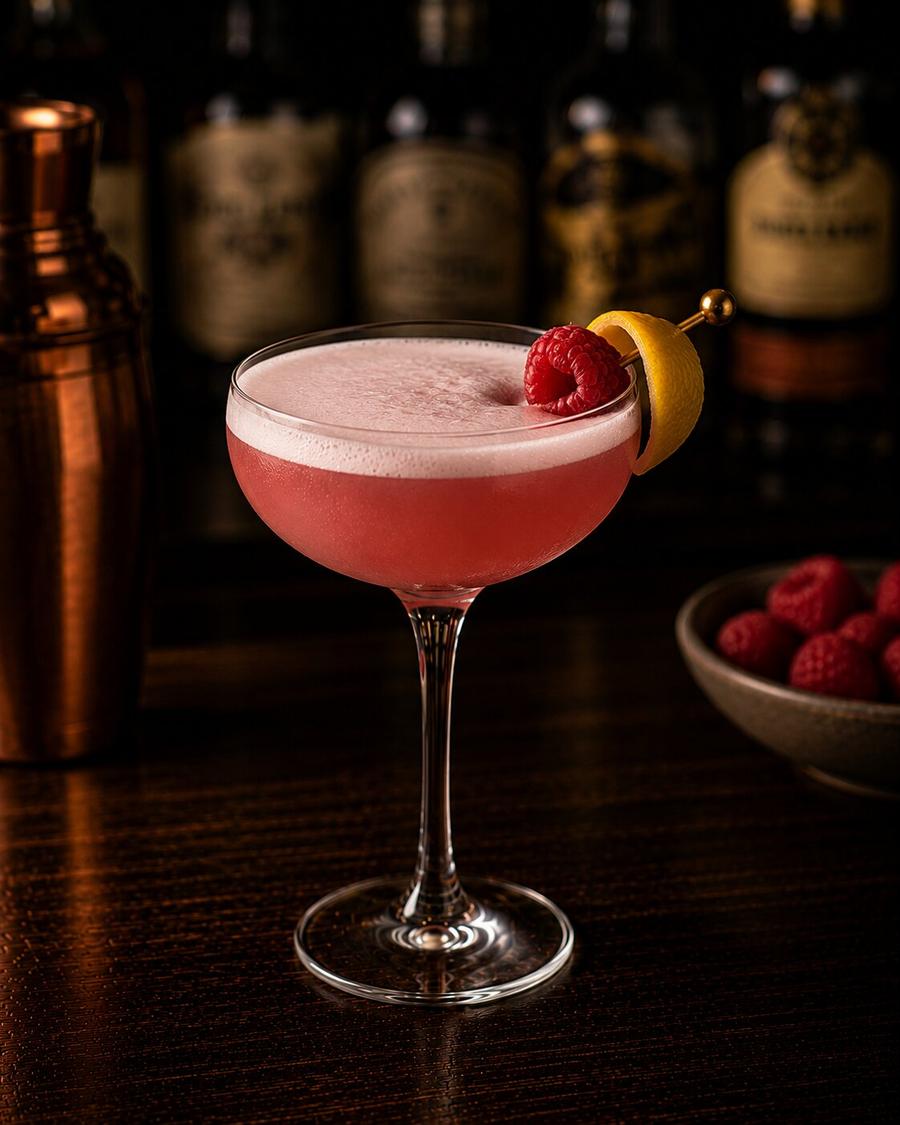 Raspberry Clover Club drink with raspberrys