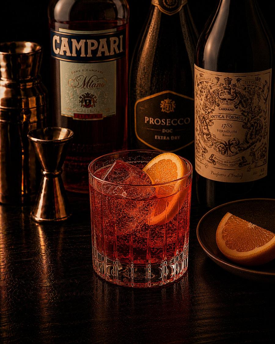 Negroni Sbagliato drink with ice and orange slice