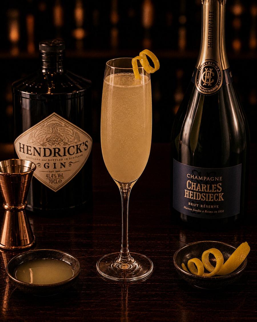 French 75 drink in champagne glass