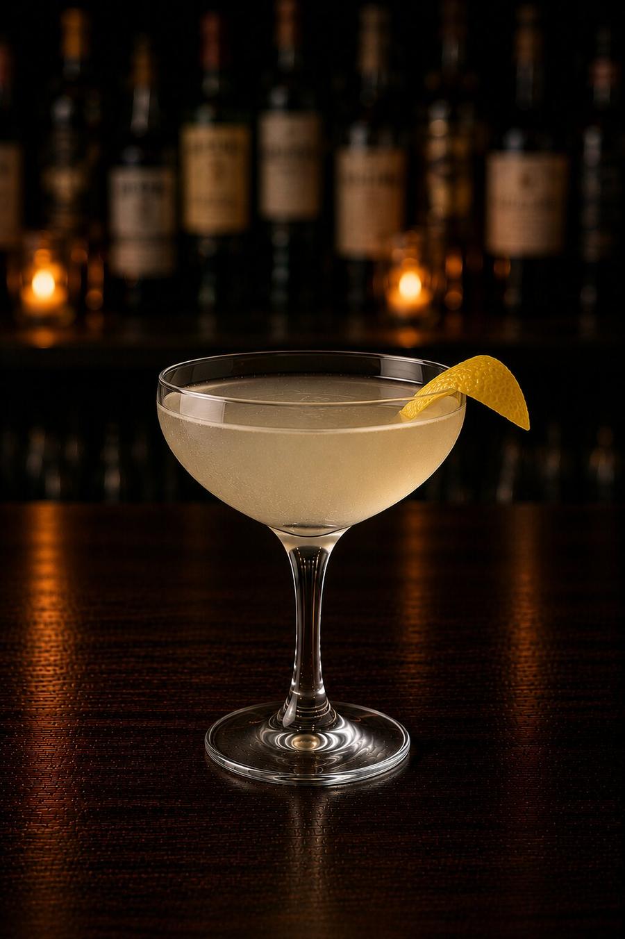 Tuxedo drink in martini glass with lemon wedge