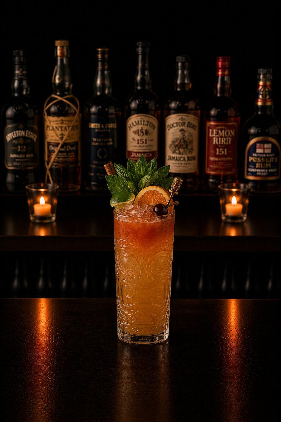Zombie drink in tiki glass with orange wedge