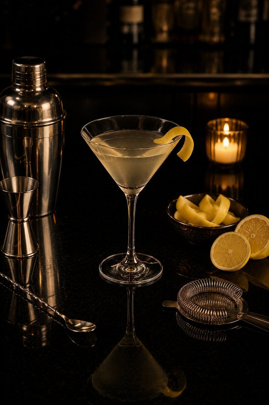 Vesper Martini drink with lemon peel wedge in martini glass