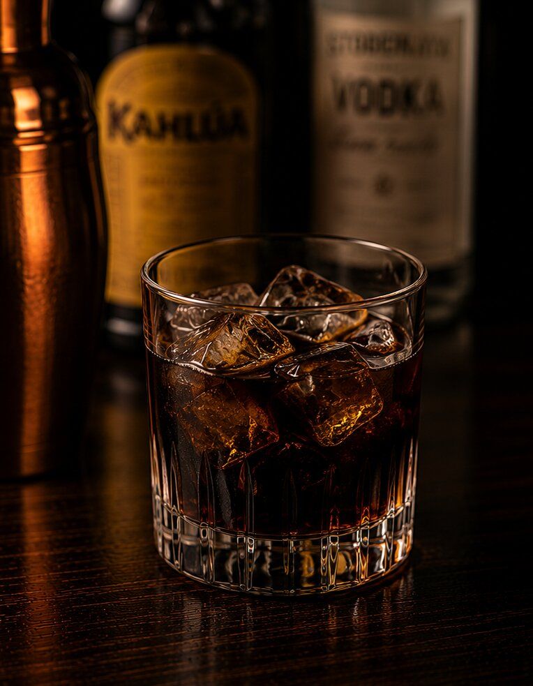 Black Russian drink in a rocks glass with ice