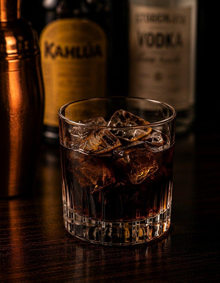 Black Russian drink in a rocks glass with ice