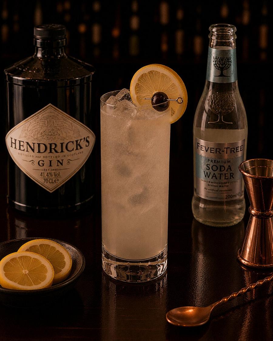 Tom Collins drink with orange slice