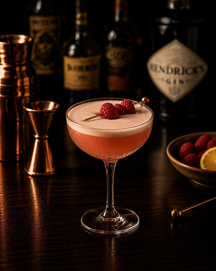 Clover Club drink in coupe glass with raspberry garnish