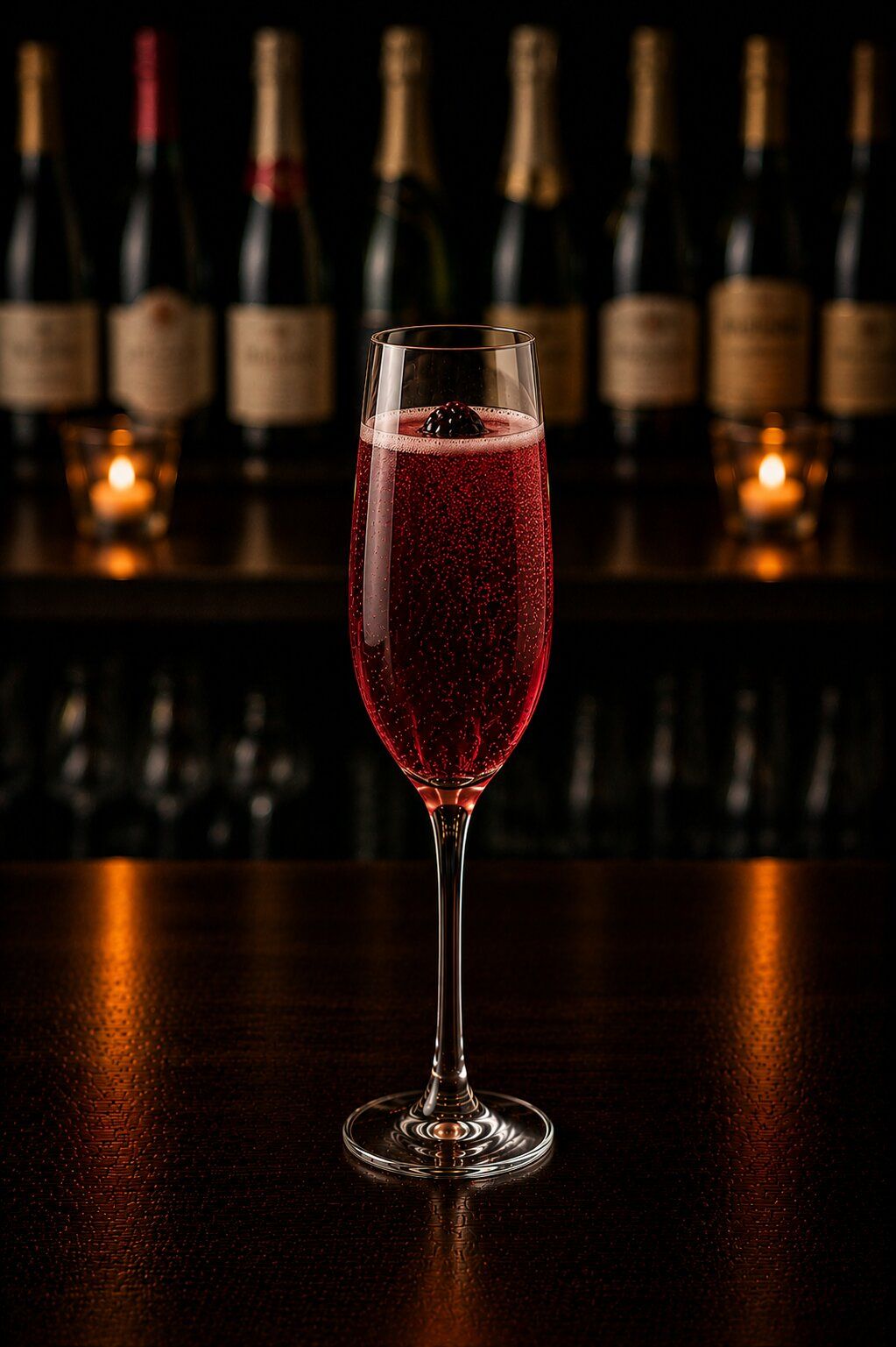 Kir Royale drink in champagne glass with blackberry