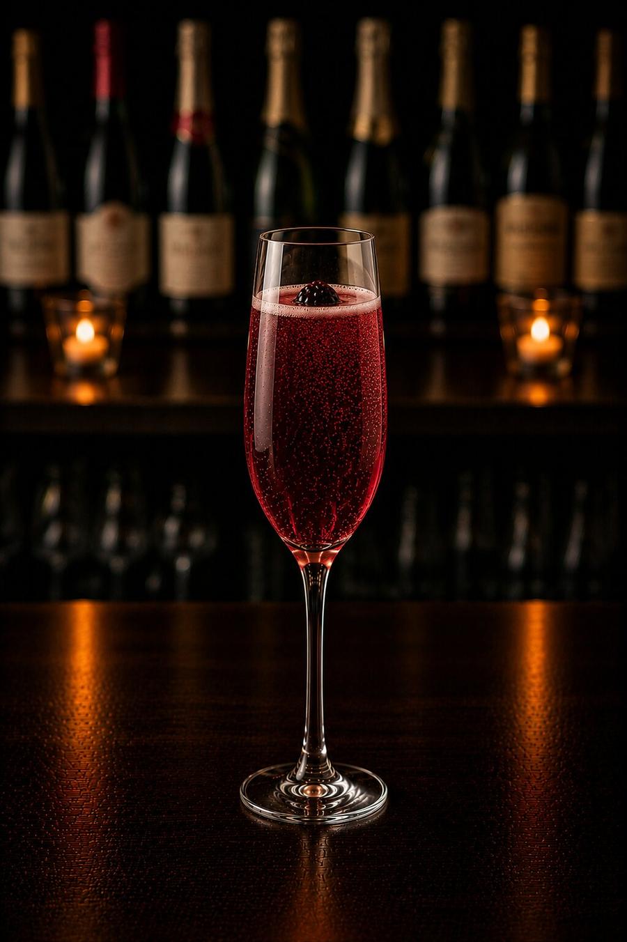 Kir Royale drink in champagne glass with blackberry