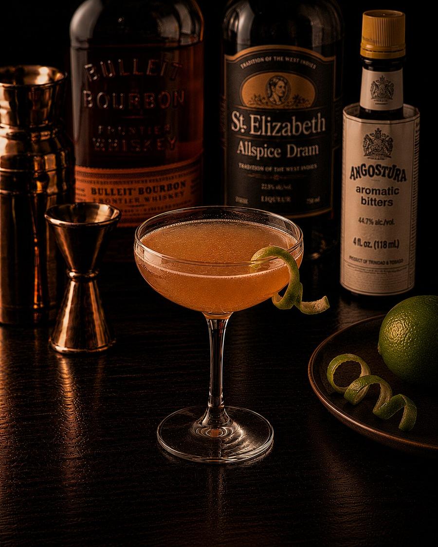 Lion's Tail drink in coupe glass with curled lime peel wedge