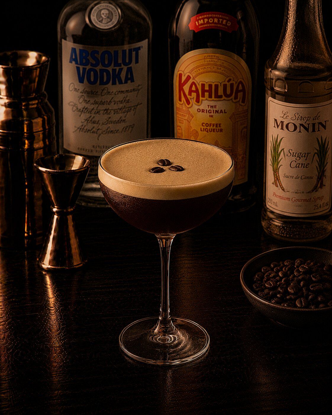 Espresso Martini drink with coupe glass with coffee bean garnish