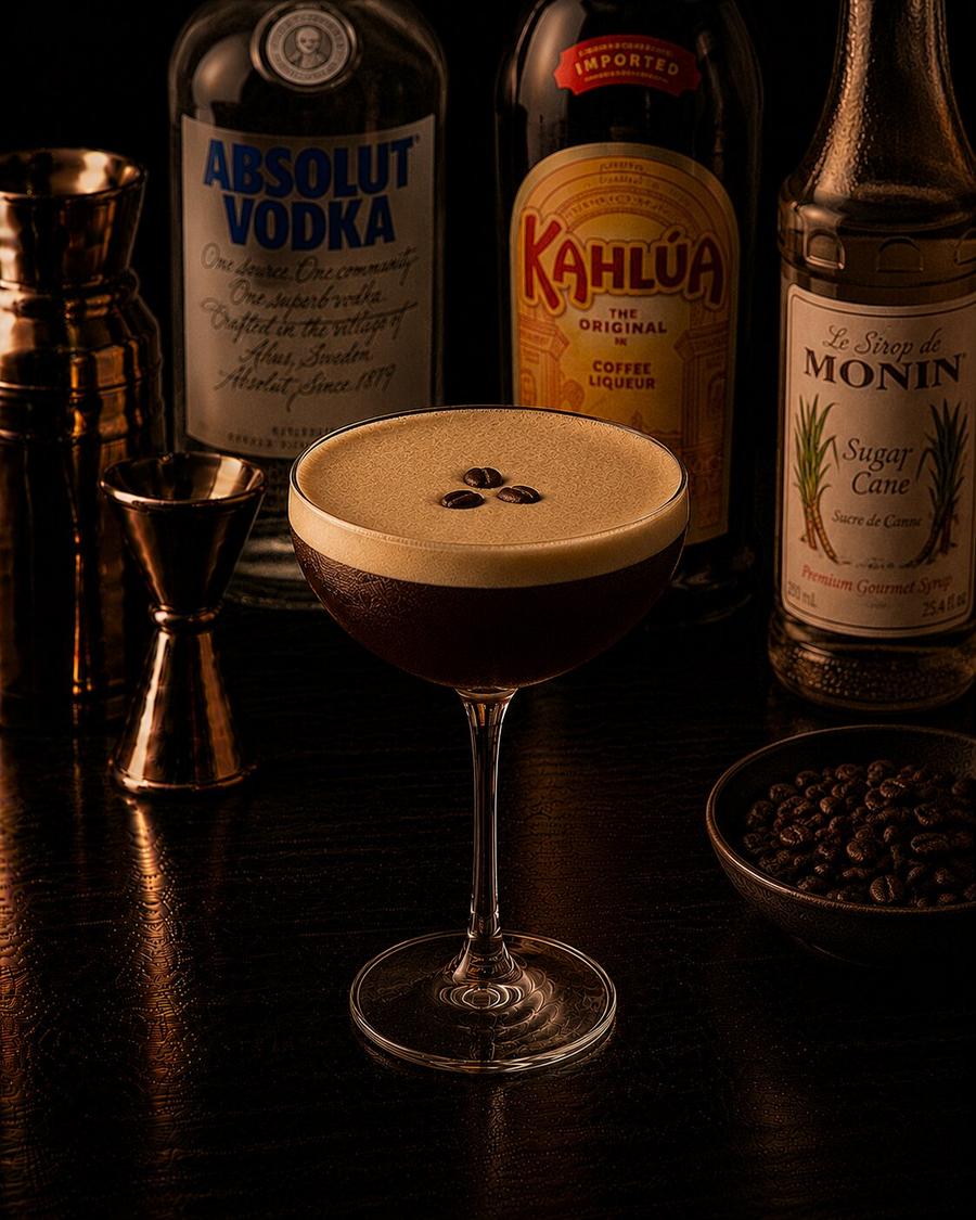 Espresso Martini drink with coupe glass with coffee bean garnish