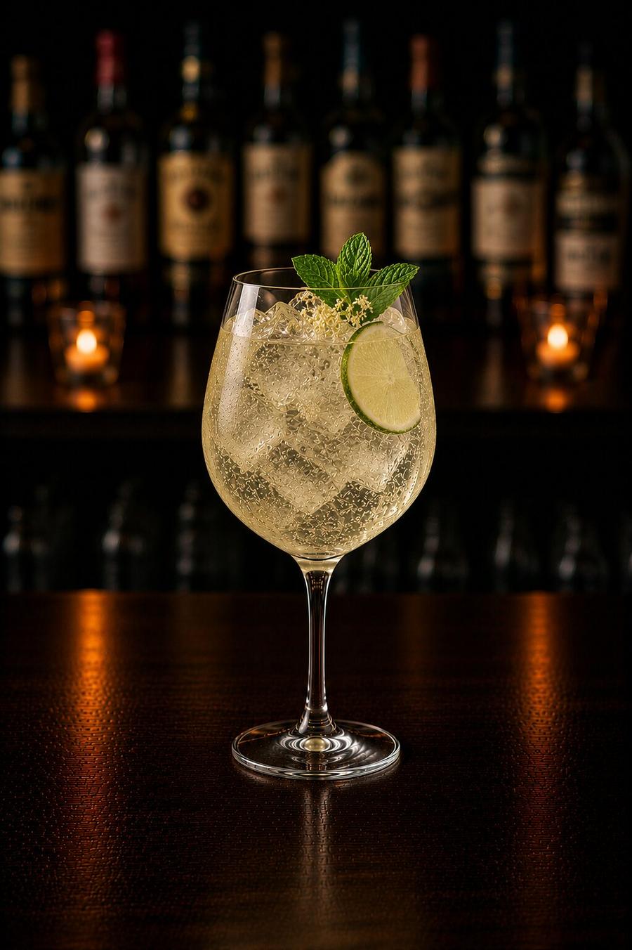 Hugo Spritz drink with ice and lime wedge