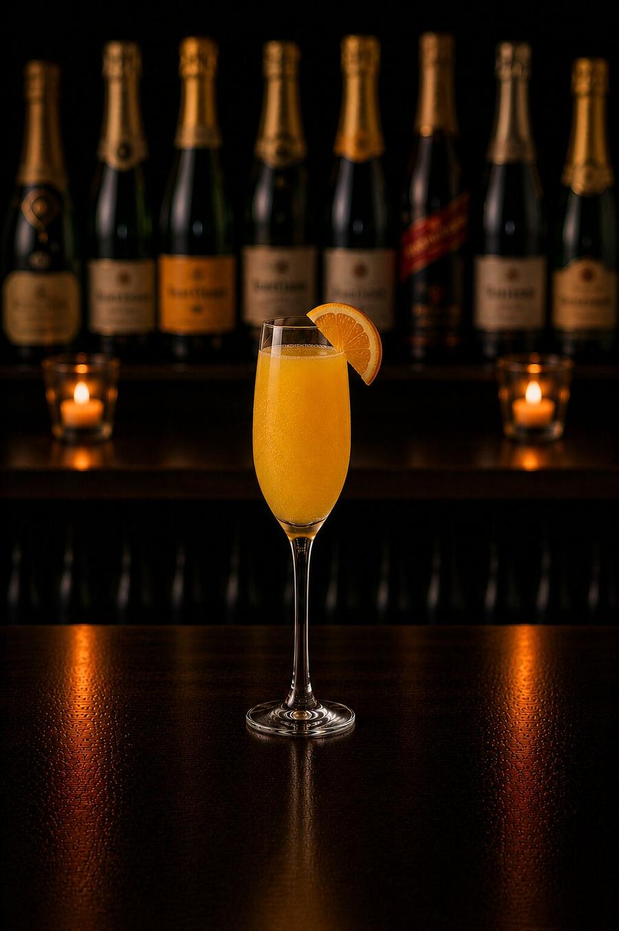 Mimosa drink in champagne glass with orange wedge