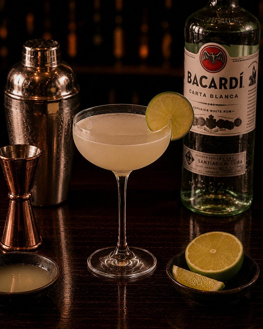 Deiquiri drink in coupe glass with lime slide wedge