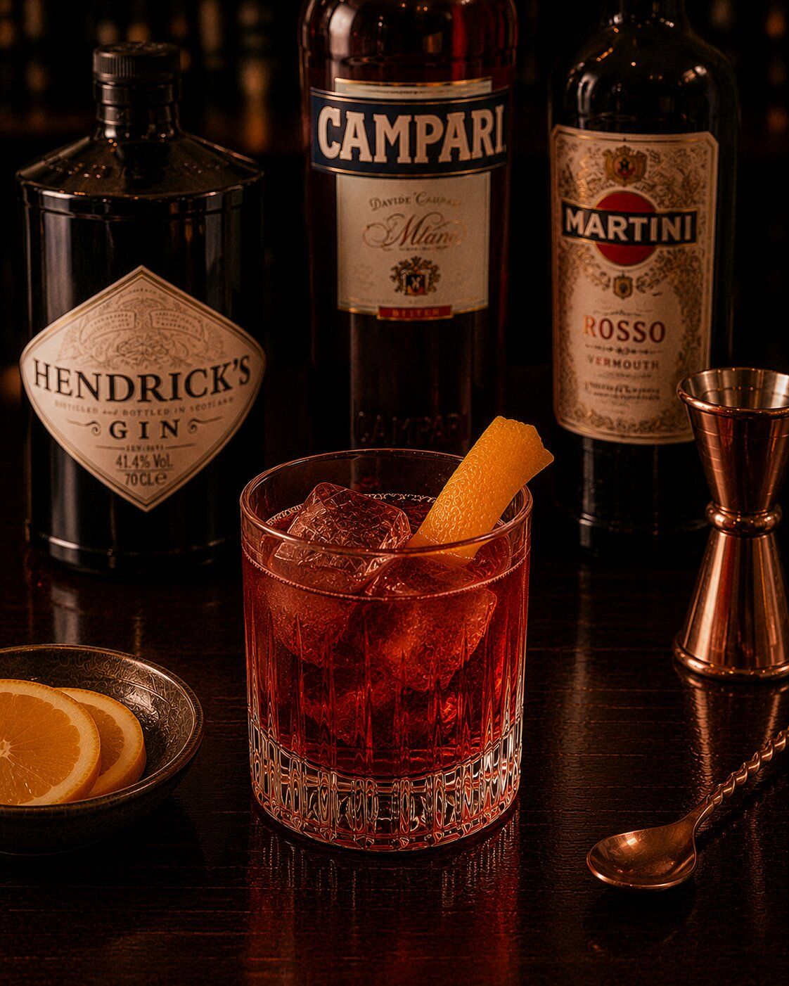 Negroni drink with ice and orange peel wedge