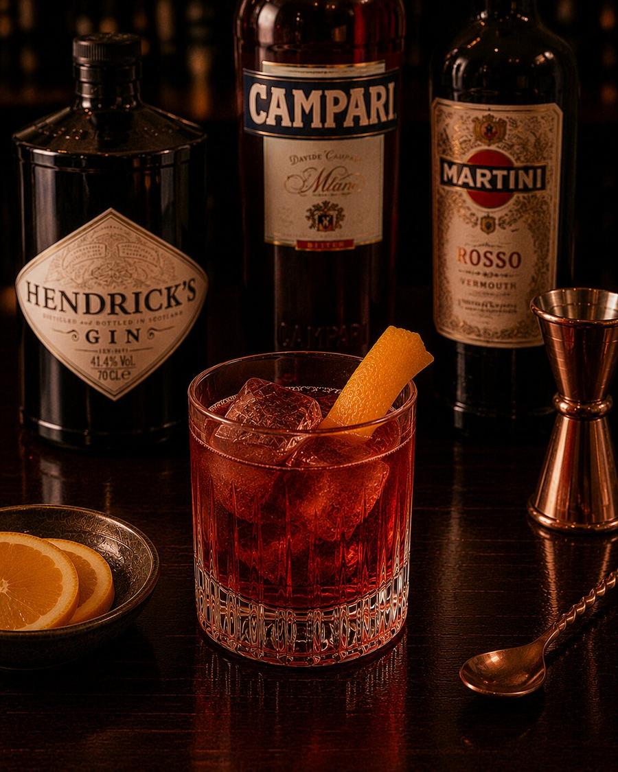 Negroni drink with ice and orange peel wedge