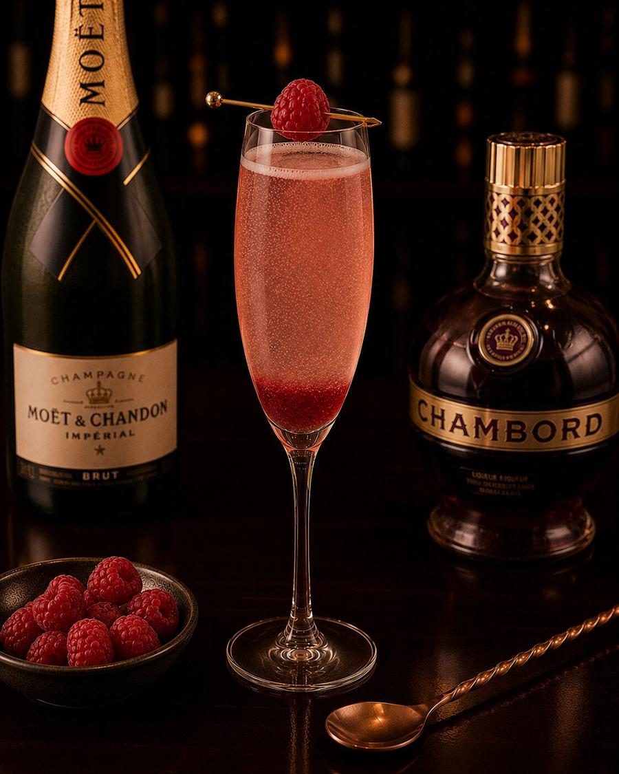 Kir Imperial drink in champagne glass
