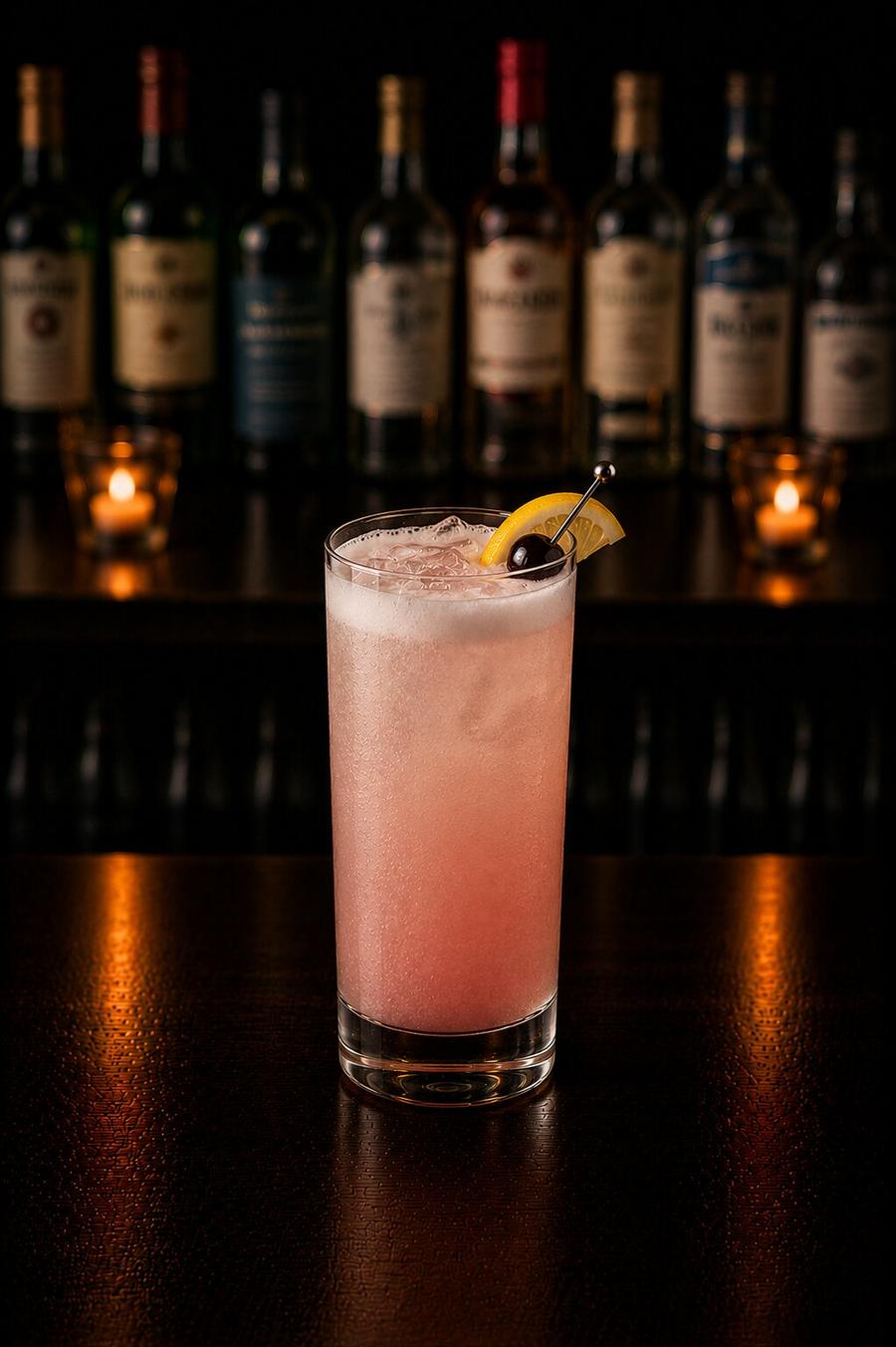 Sloe gin fizz drink with lemon wedge