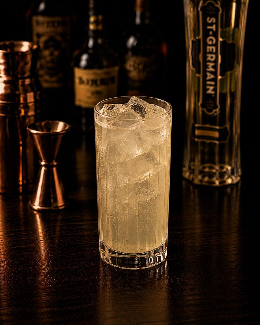 Eldenflower Collins drink in highball glass
