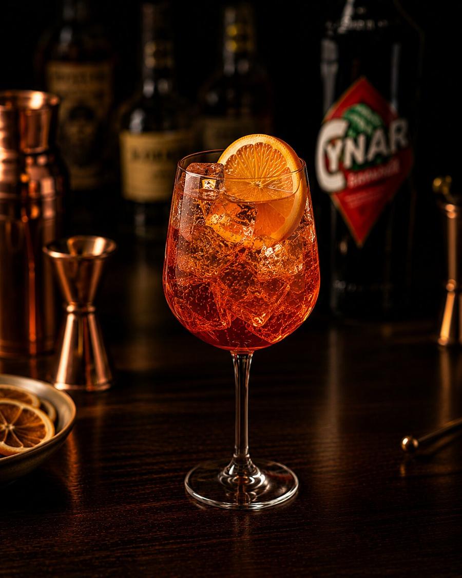 Cynar Spritz drink with orange wedge