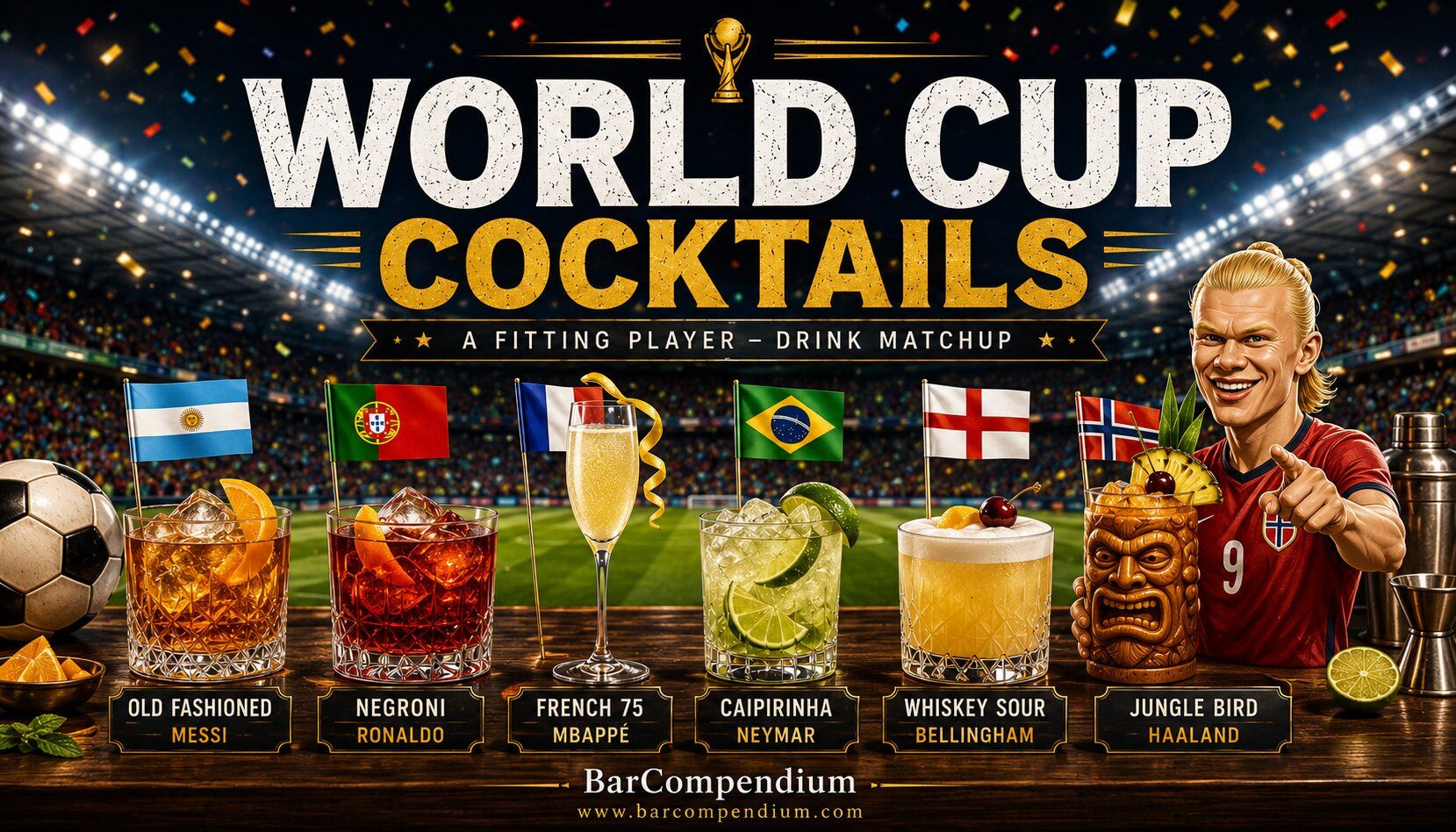 Lined up drinks with player names below