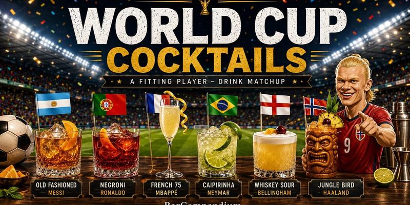 Lined up drinks with player names below