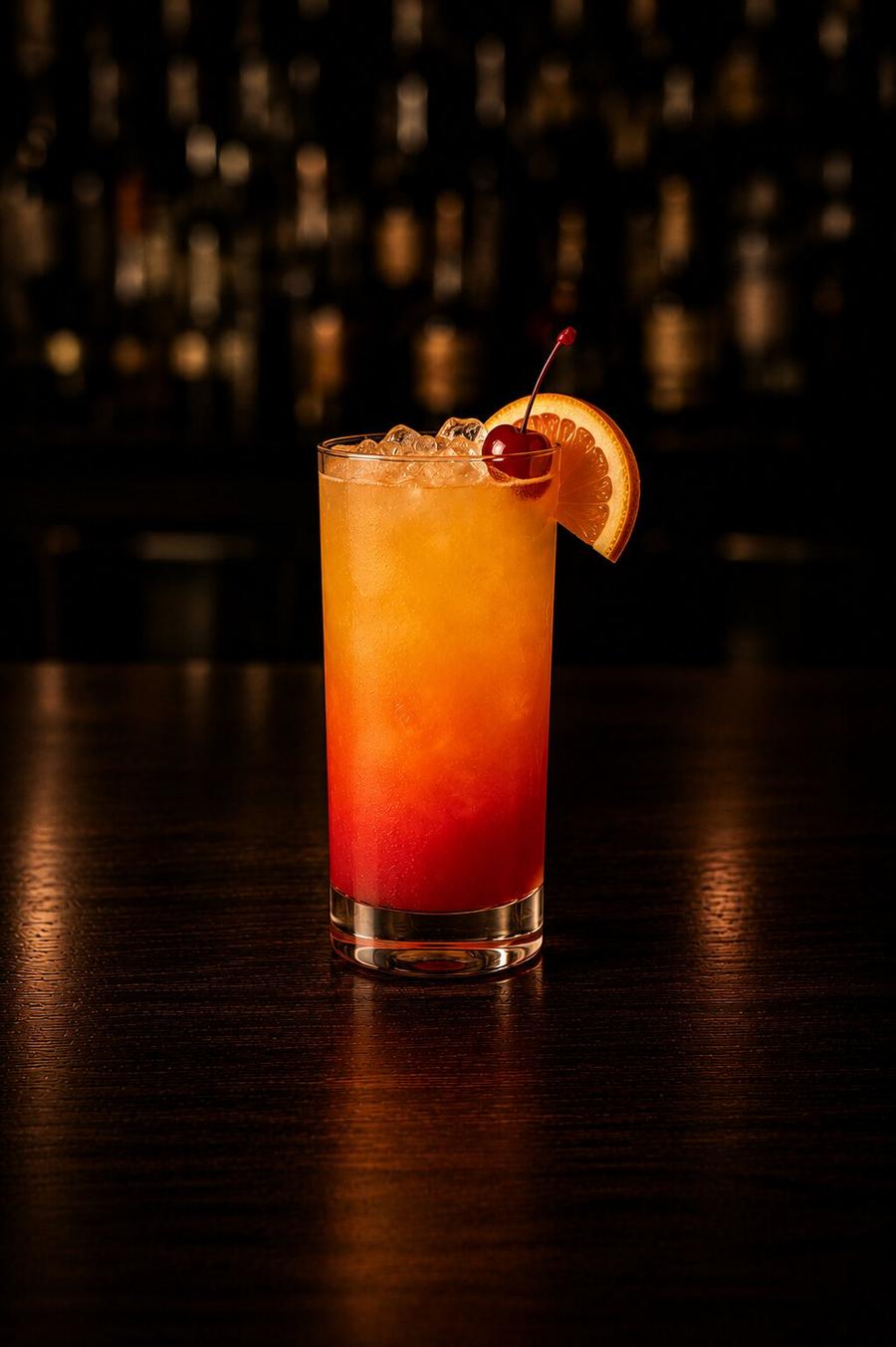 Malibu sunset drink in a highball glass with orange wedge