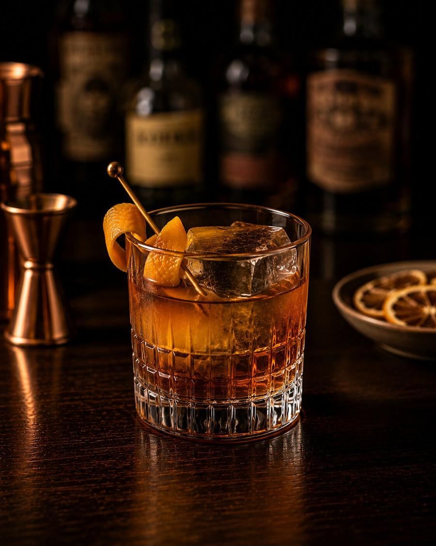 Rum Old Fashioned Drink with stir pin, ice and orange peel wedge