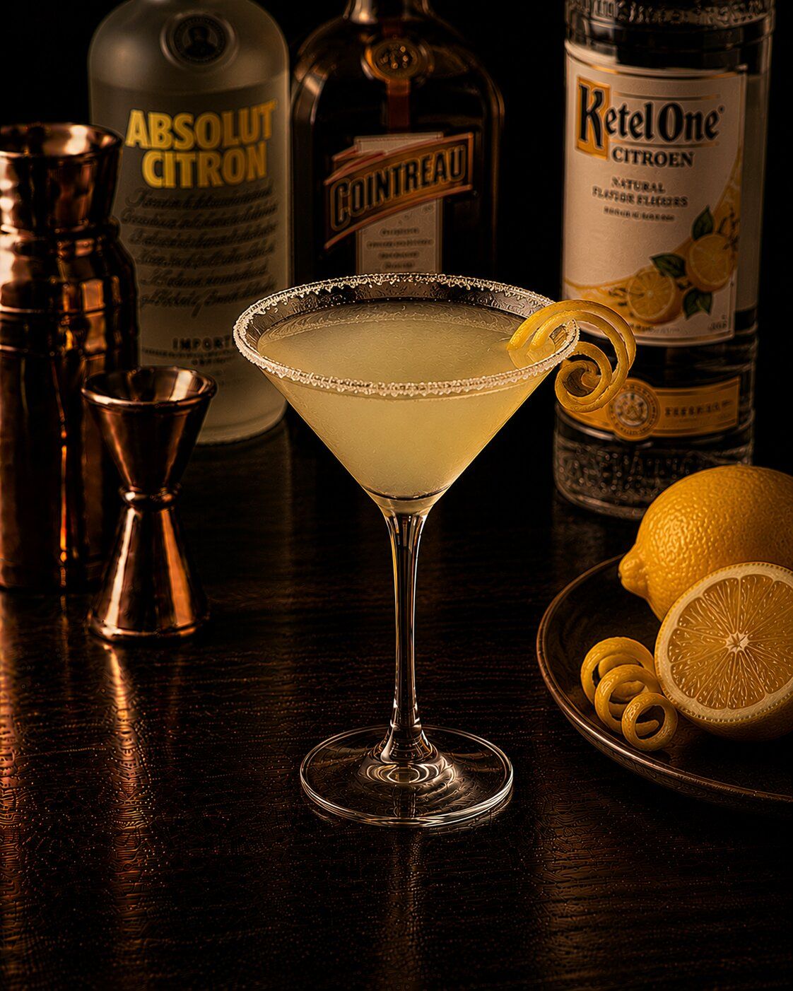 Lemon Drop Martini with lemon peel wedge