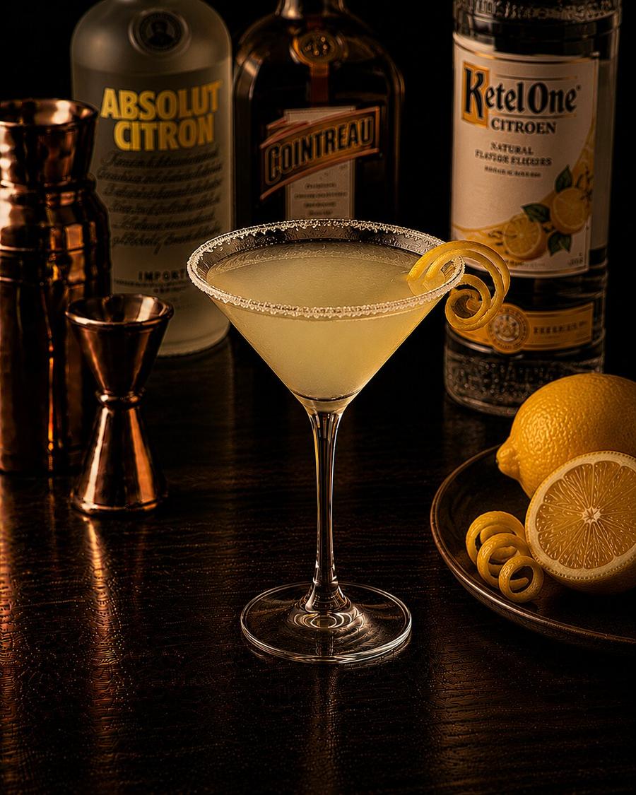 Lemon Drop Martini with lemon peel wedge