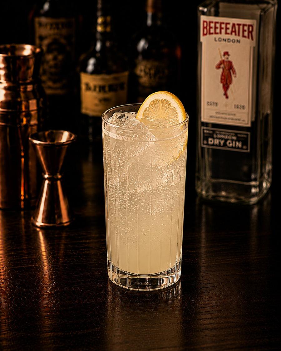 Gin Fizz drink in highball glass with lemon slice and lots of ice
