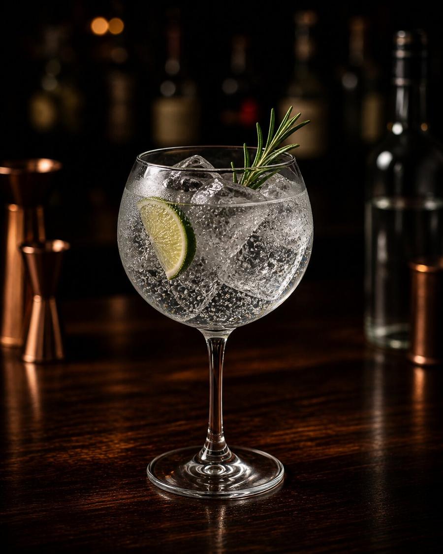 Gin & Tonic with ice and lime wedge