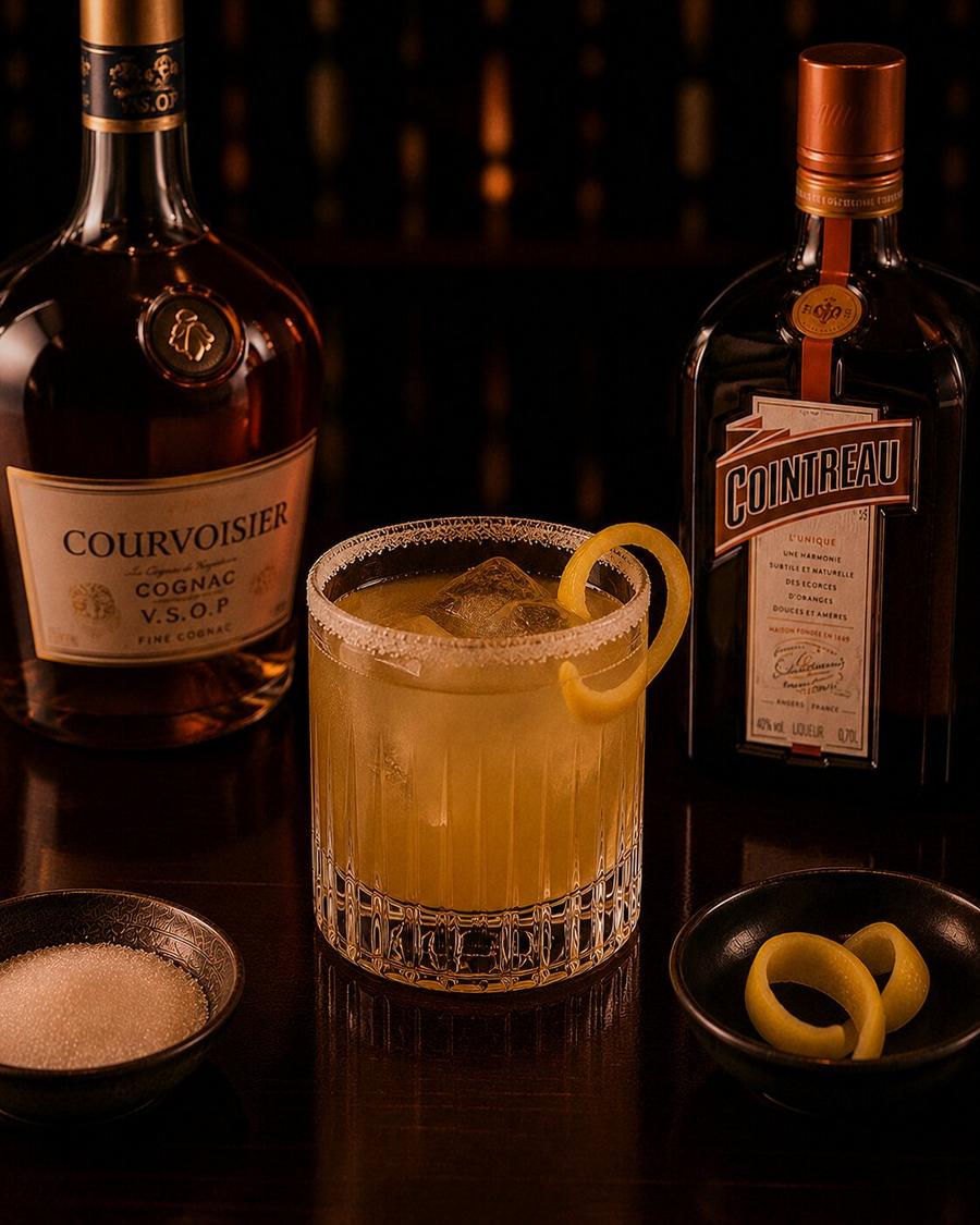 Sidecar drink with sugar rim and lemon peel garnish