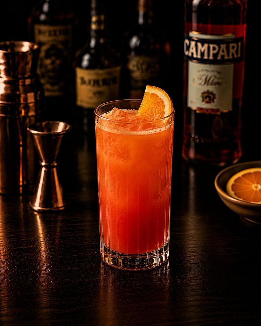 Garibaldi drink with orange wedge