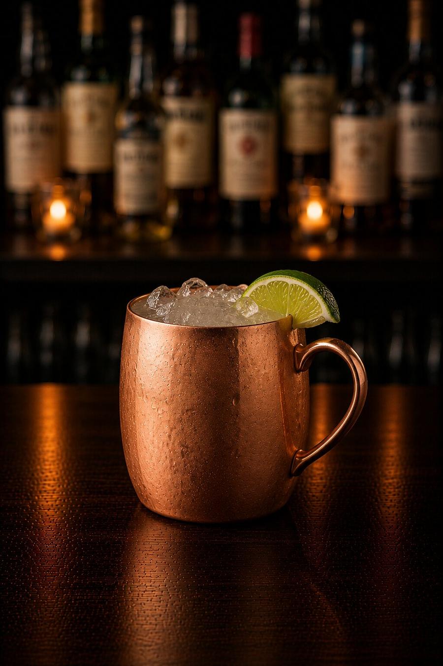 Mexican Mule drink with lemon wedge