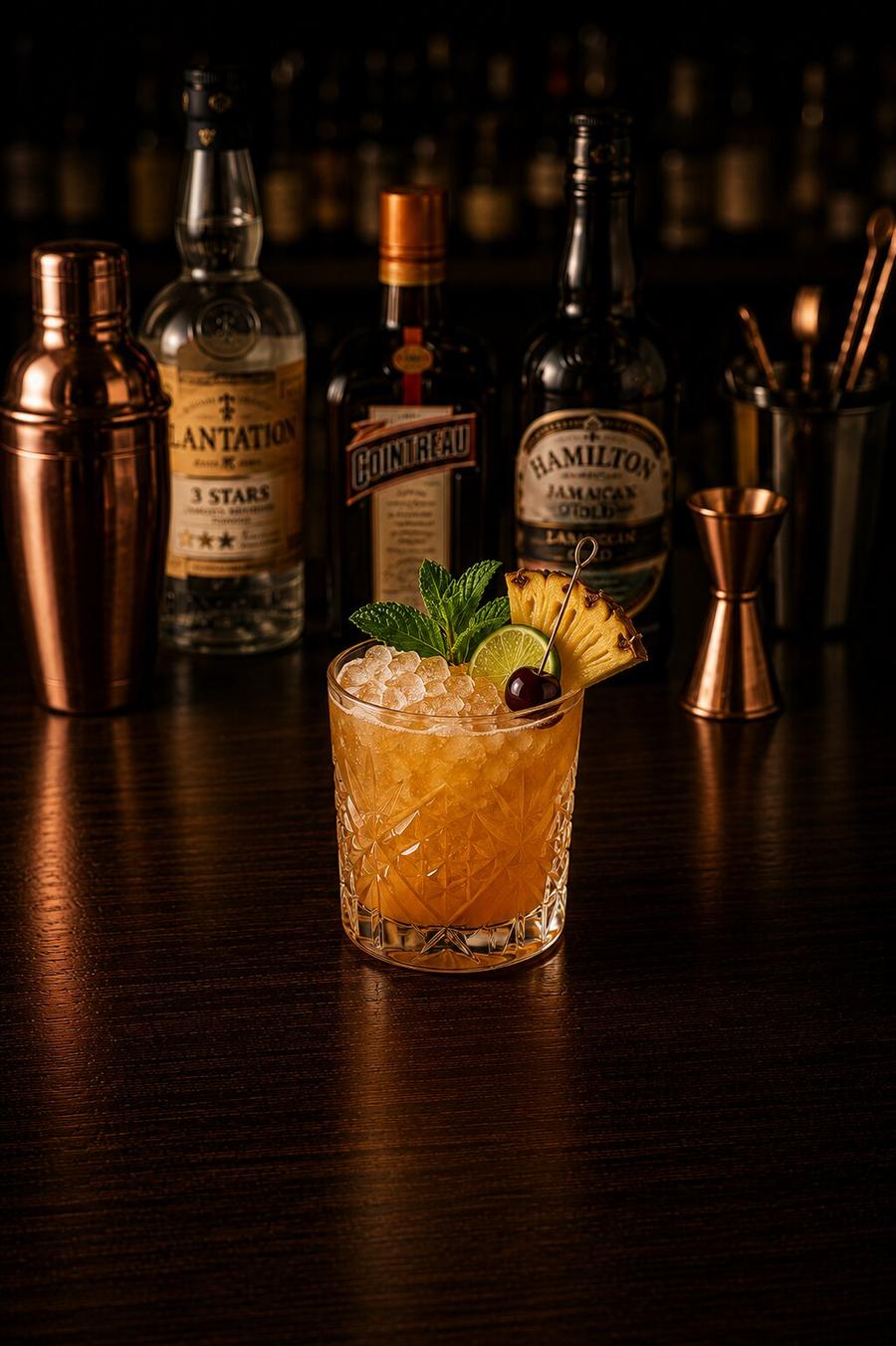 Mai tai drink in a rocks glass with pinapple wedge