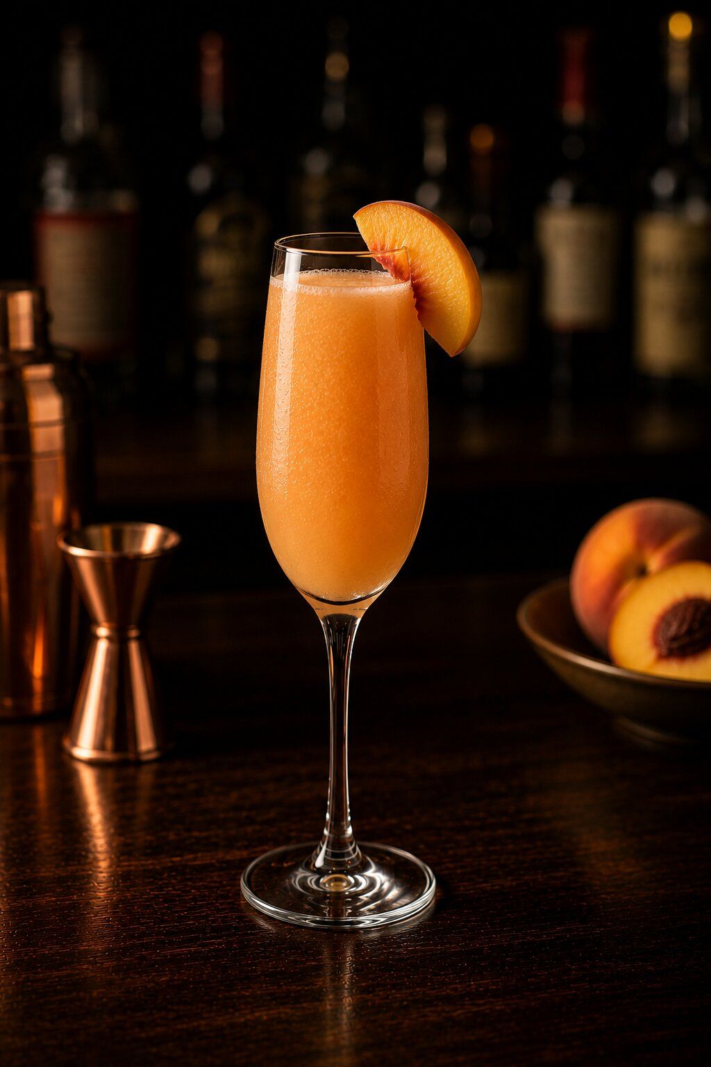 Bellini drink in champagne glass with peach slice wedge