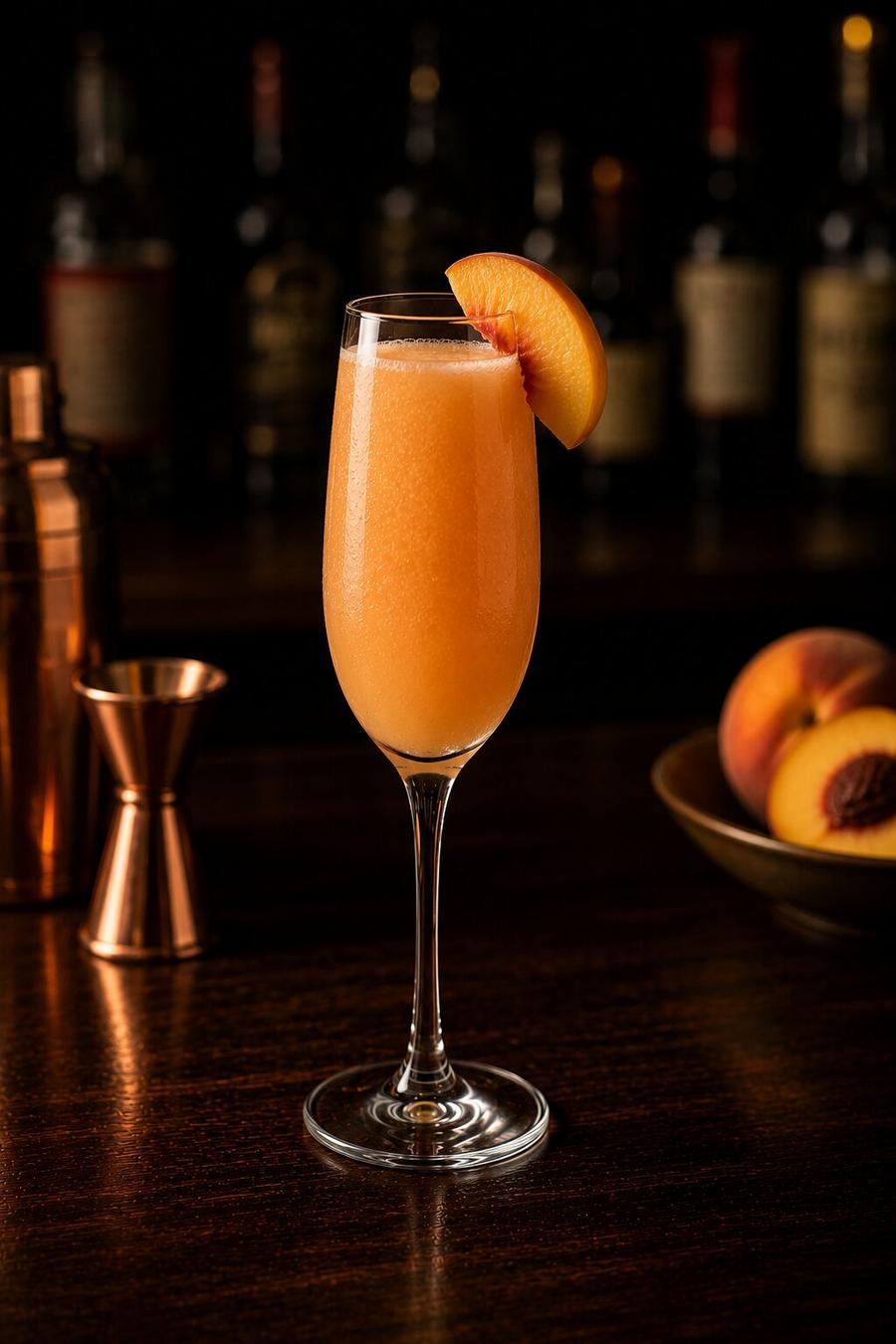 Bellini drink in champagne glass with peach slice wedge
