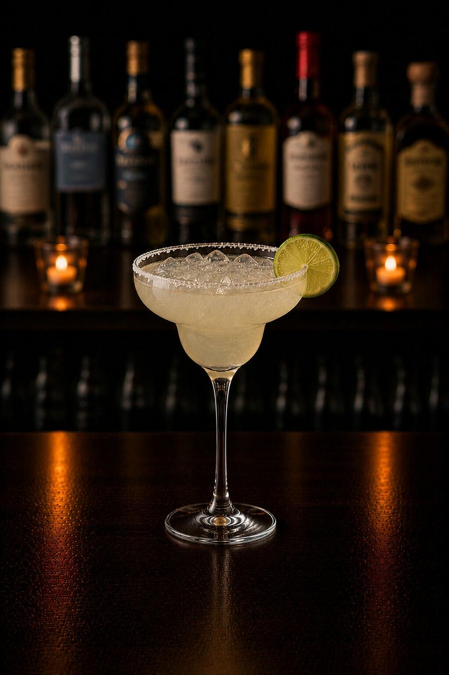 Margarita drink with lemon wedge