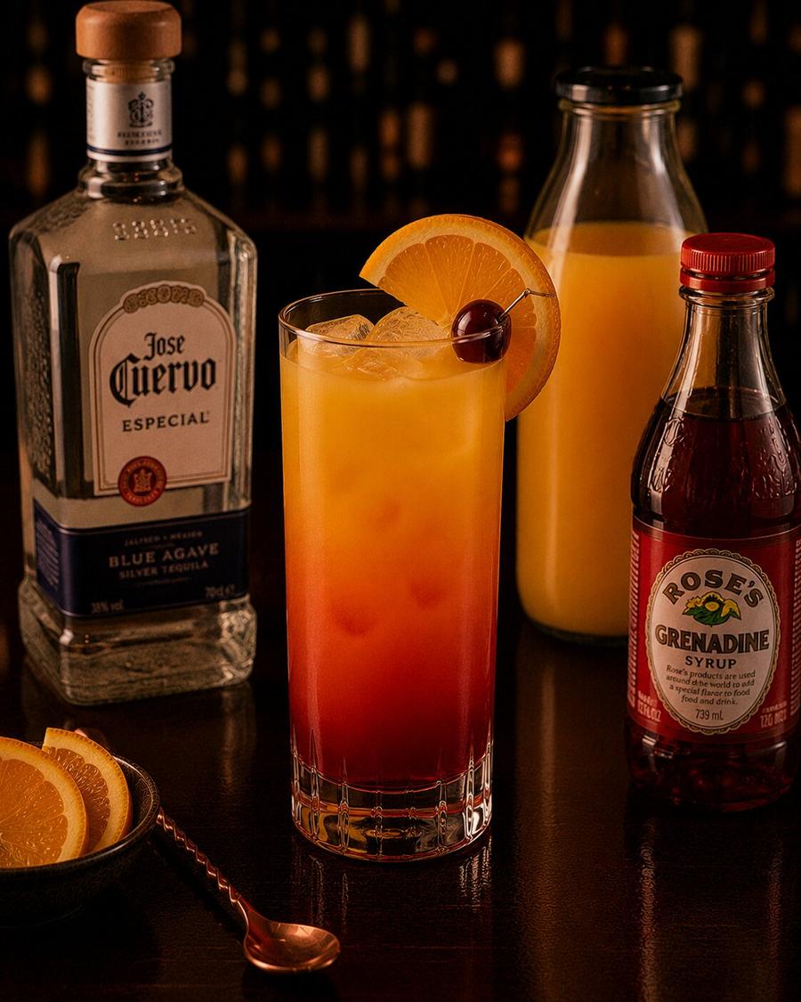 Tequila Sunrise drink with orange wedge