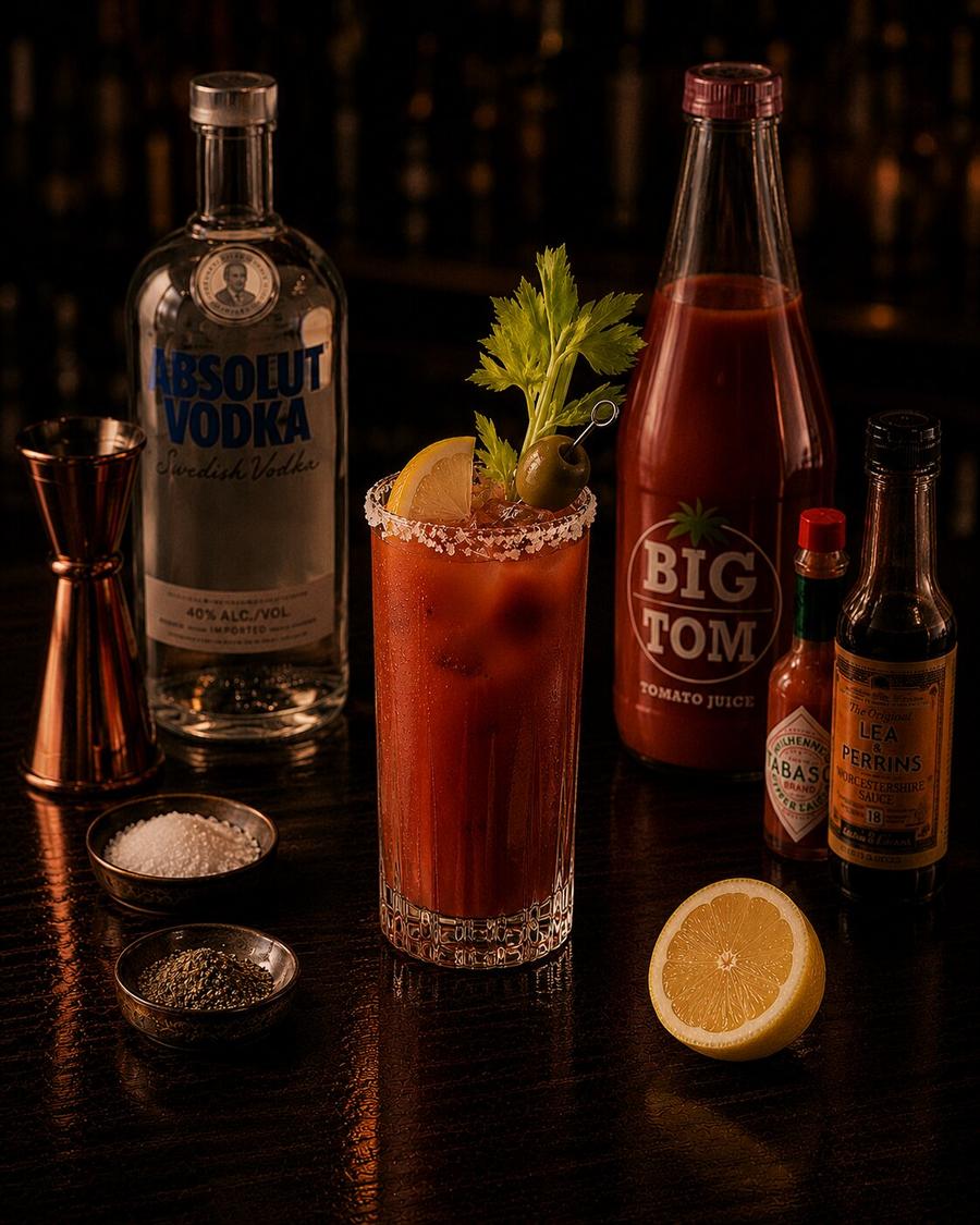 Bloody Mary drink with ingredients around and selery stick wedge