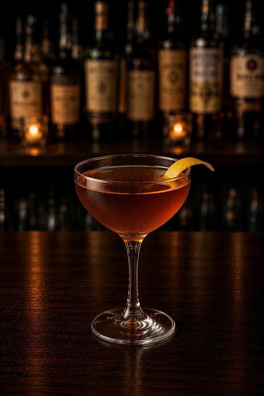 Rob Roy drink in a martini glass with a lemon wedge