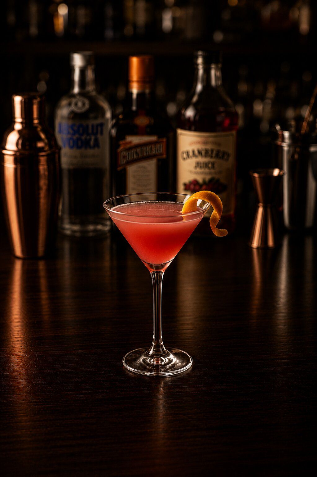 Cosmopolitan in a tall glass with orange wedge