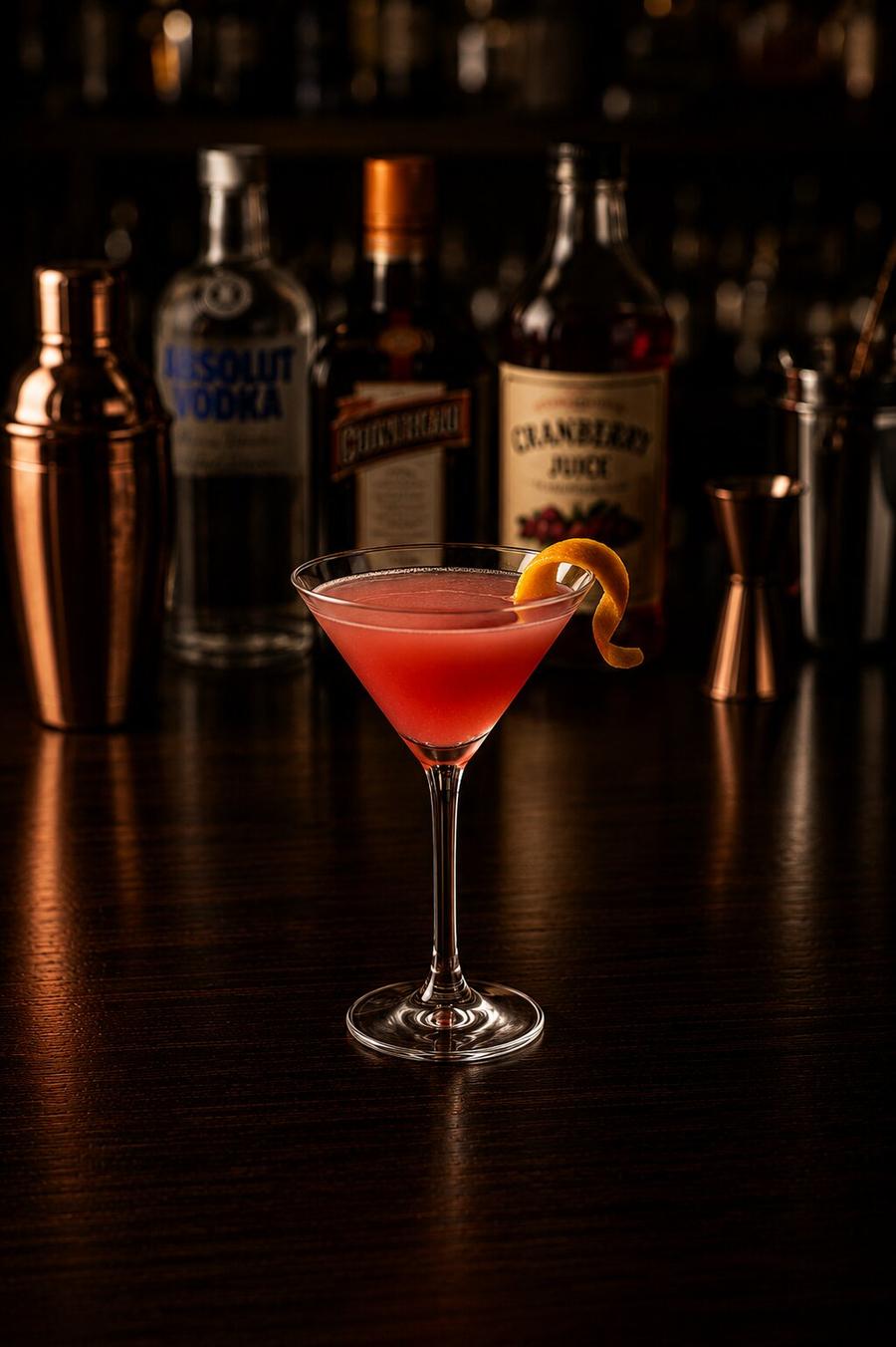 Cosmopolitan in a tall glass with orange wedge