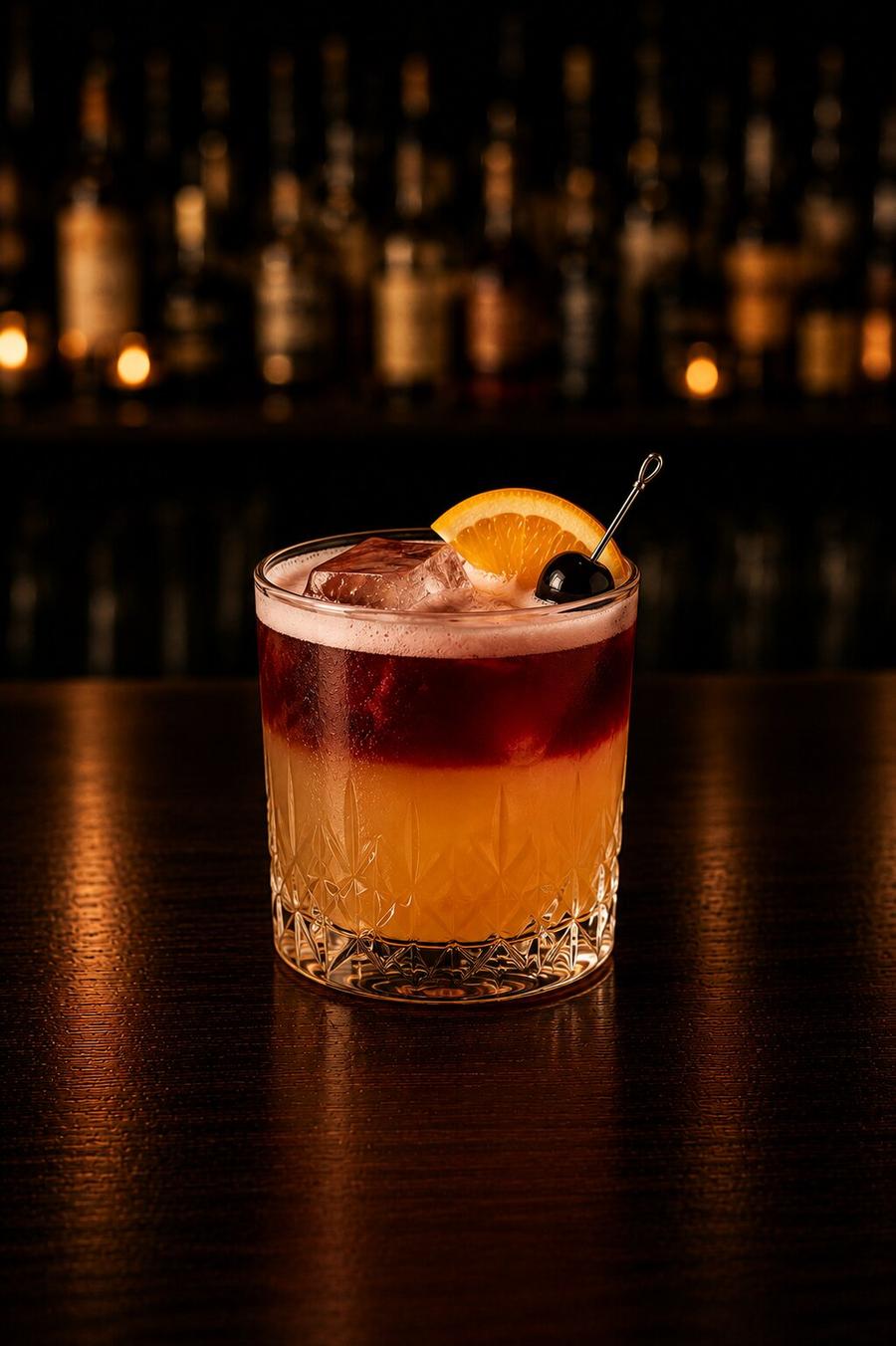 New York Sour drink in a rocks glass with orange wedge