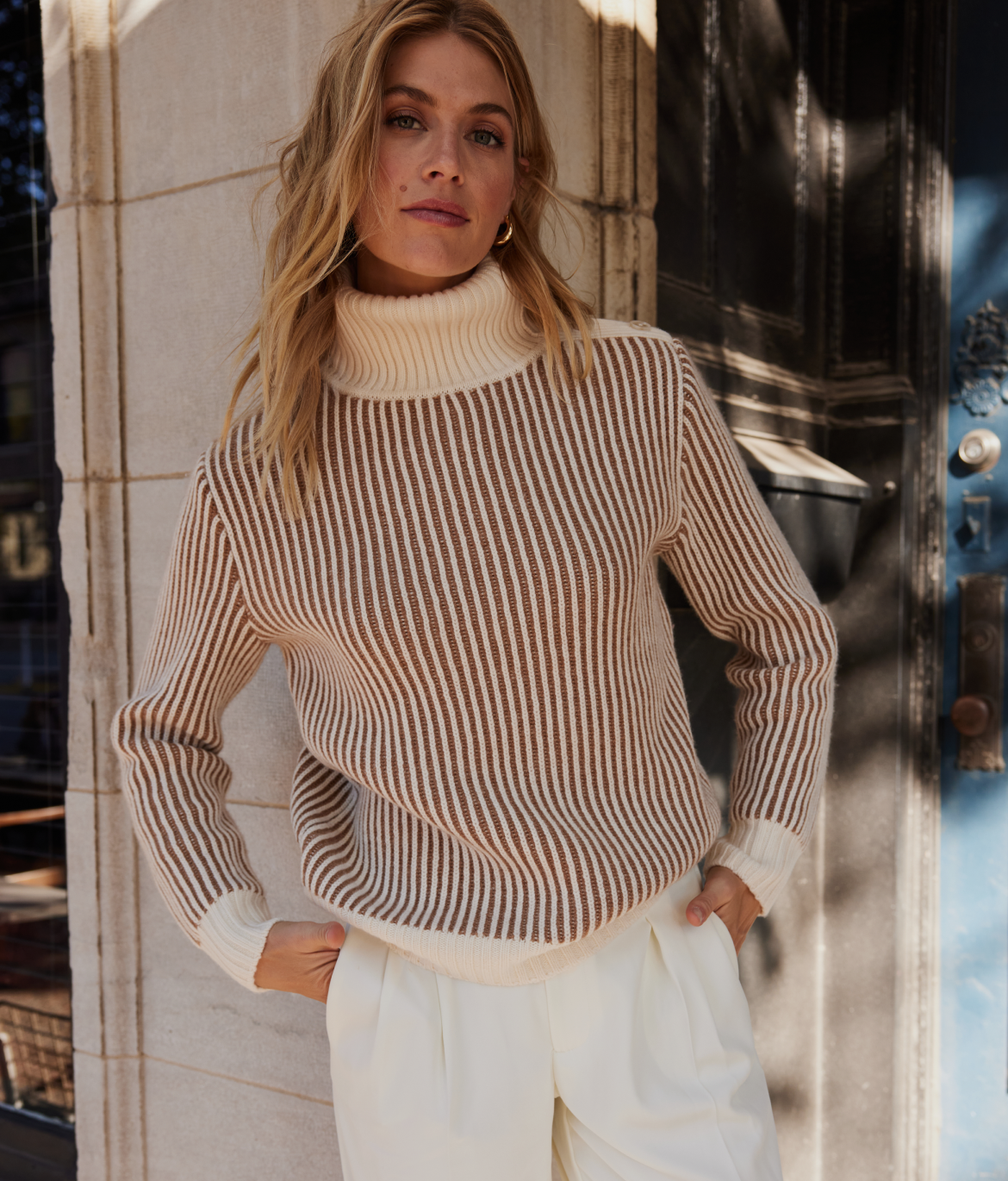 Model in Sweater, The Luxe Cashmere Blend Two-Tone Button Neck Sweater - Fawn & Dune (Cream & Brown)