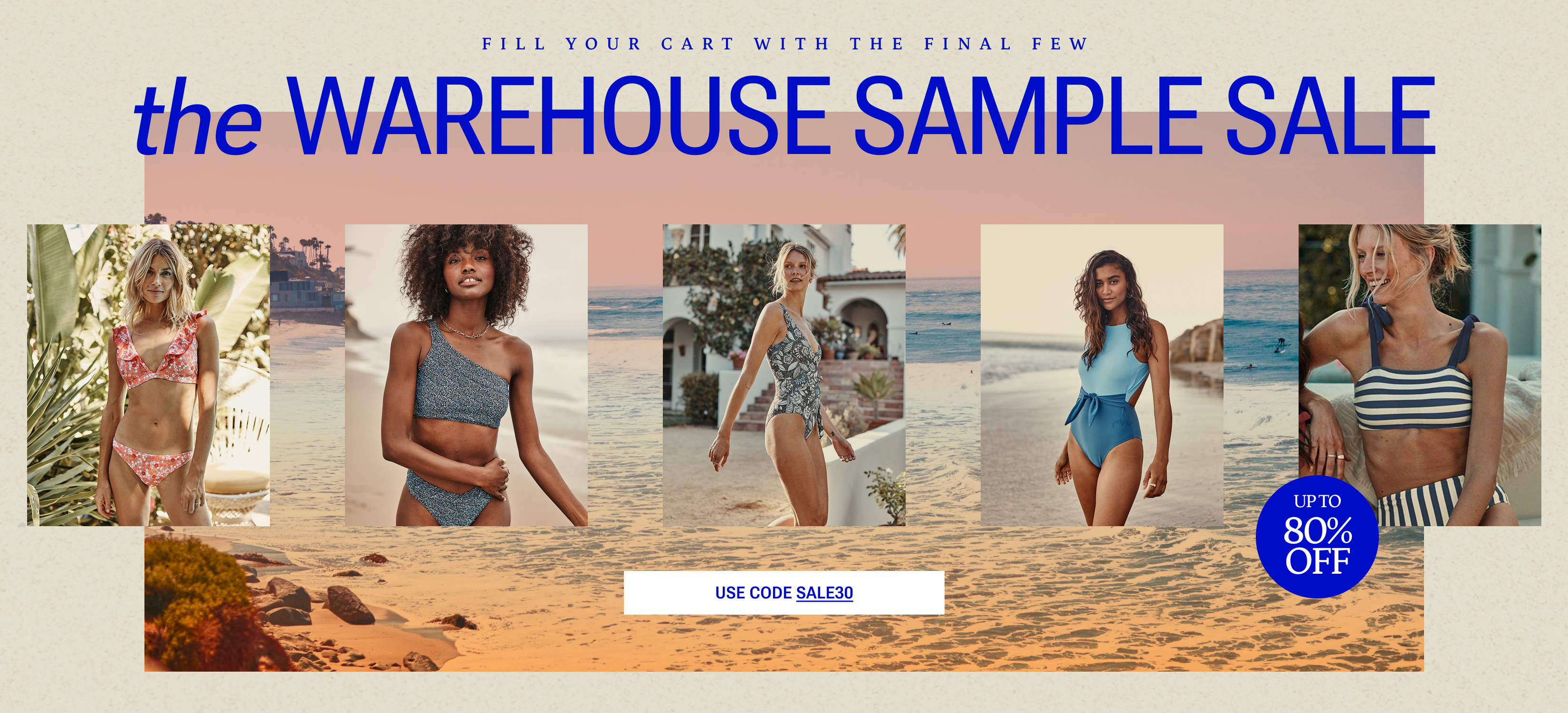 Models in pink and red one piece swimsuits and bikinis